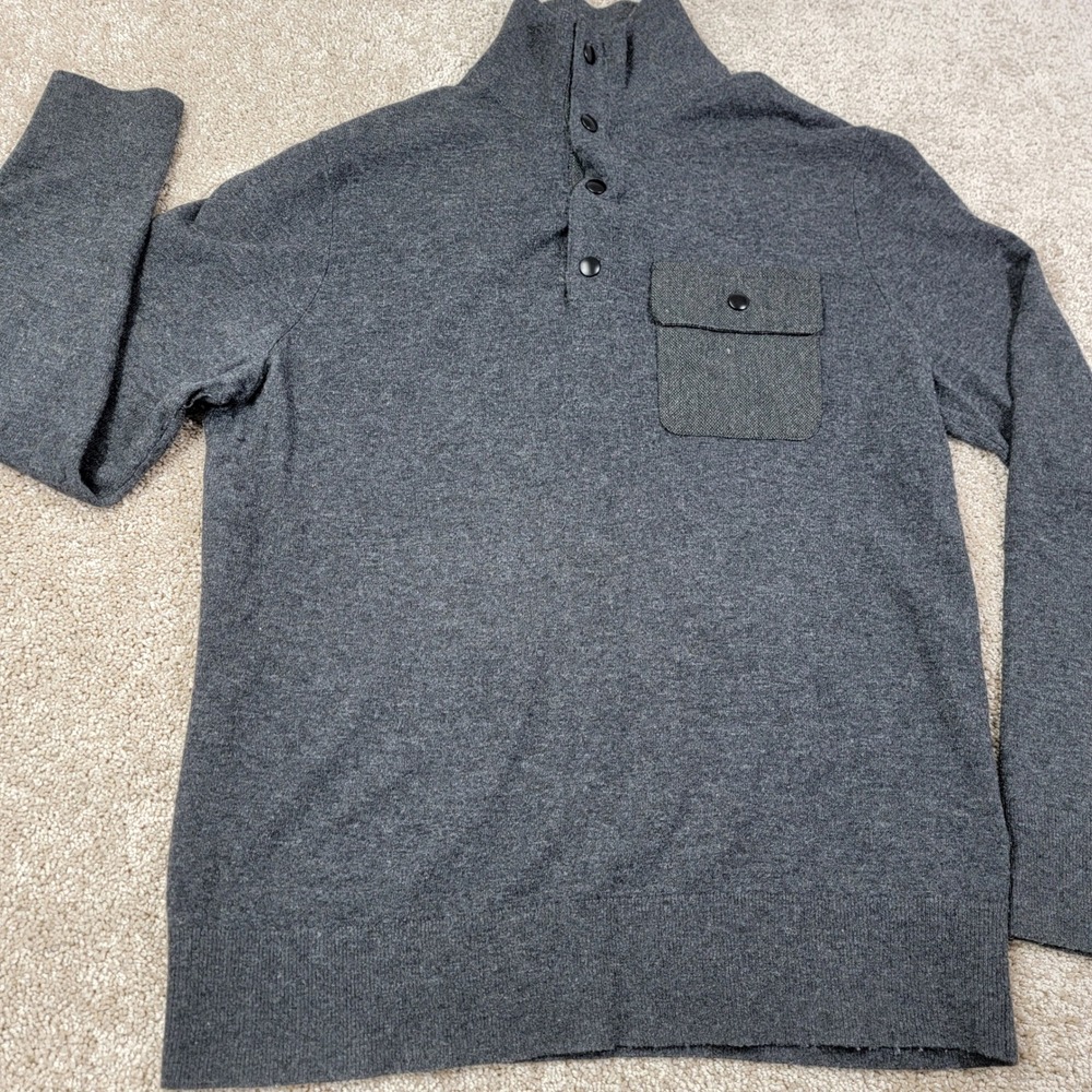 Banana Republic Mens Gray Merino Wool Blend Button Mock Neck Sweater